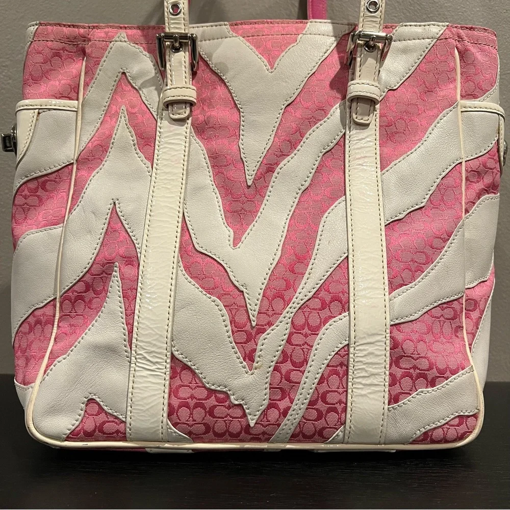 Coach Rare Limited Edition Pink White Zebra Patchwork Tote Shoulder Bag Purse